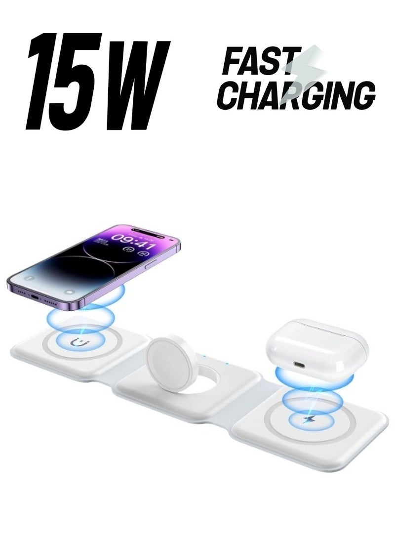 ShebSheb 3 in 1 Foldable Wireless Charger Magnetic  Mag-Safe Charger Fast Travel Wireless Charging Station For Mobile Phone Watch Earphones(White）  - Image 1