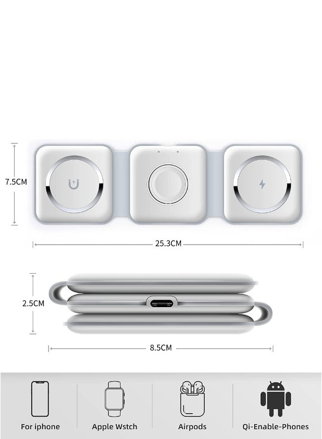 3 in 1 Foldable Wireless Charger Magnetic  Mag-Safe Charger Fast Travel Wireless Charging Station For Mobile Phone Watch Earphones(White）