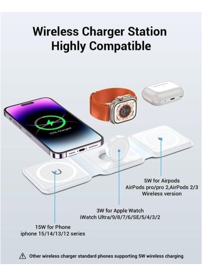 ShebSheb 3 in 1 Foldable Wireless Charger Magnetic  Mag-Safe Charger Fast Travel Wireless Charging Station For Mobile Phone Watch Earphones(White）  - Image 2
