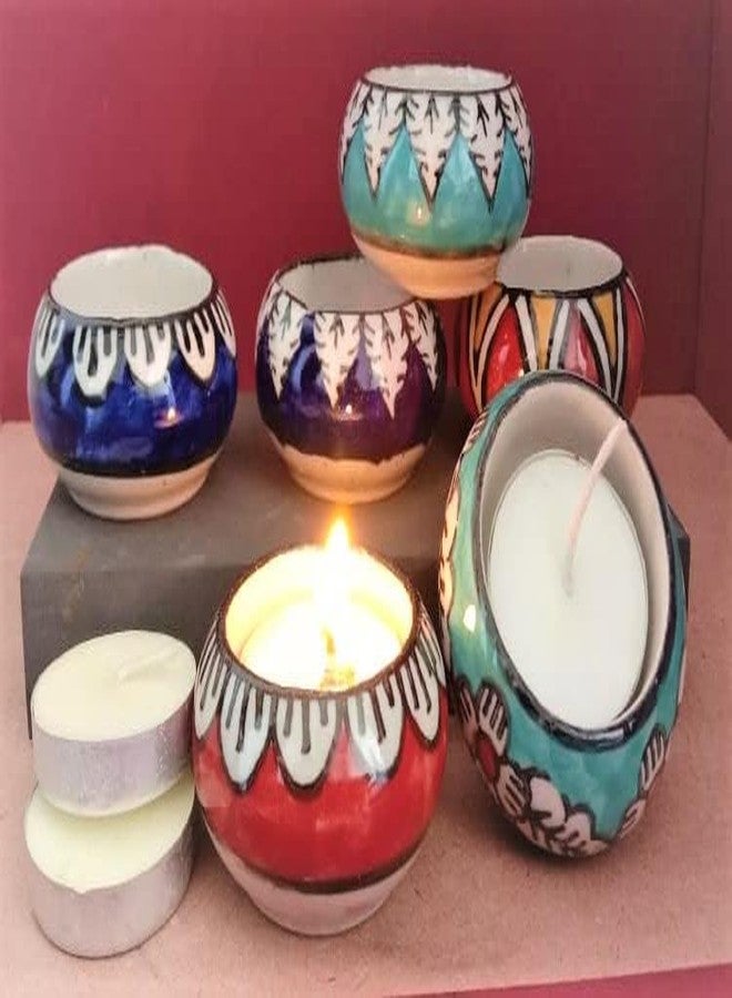The Pot Dealer Handcrafted Ceramic Tealight Deepawali Candles Holders Hand Painted Table Top Tea Light Candle Stand for Diwali Decoration with Tea Lights (Printed Multi, Pack of 6) - Image 1