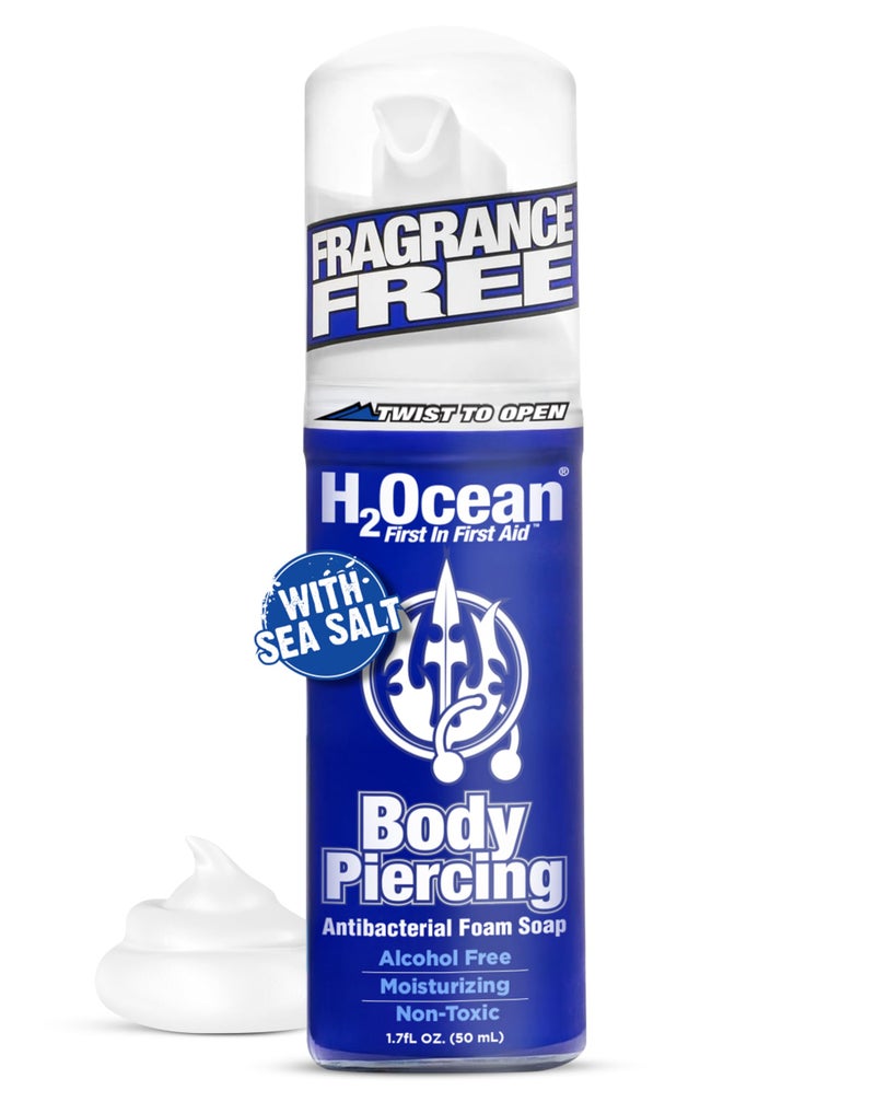 H2Ocean Body Piercing Foam Soap - Organic Sea Salt Aftercare with Aloe Vera, Alcohol-Free, Unscented, Vegan & Gentle Cleansing Tattoo and Piercing Soap for Healing & Moisturizing - 1.7oz - Image 1