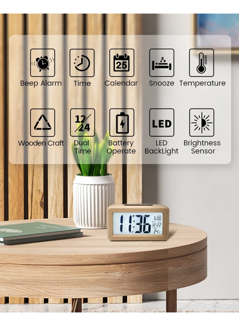Digital Alarm Clock, Wooden Bedside Clock with Large LCD Backlit Display, Temperature Display, Snooze Function & Brightness Sensor – 3 AAA Battery Operated (Batteries NOT Included) - Image 2