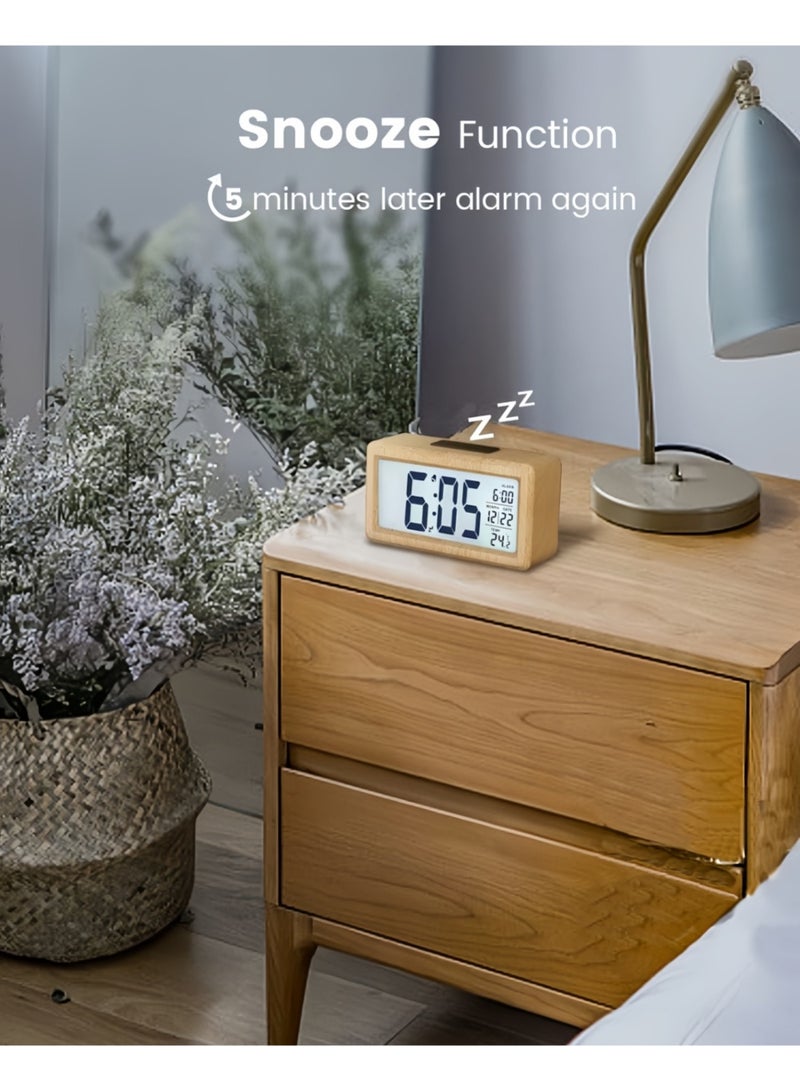 Digital Alarm Clock, Wooden Bedside Clock with Large LCD Backlit Display, Temperature Display, Snooze Function & Brightness Sensor – 3 AAA Battery Operated (Batteries NOT Included) - Image 4