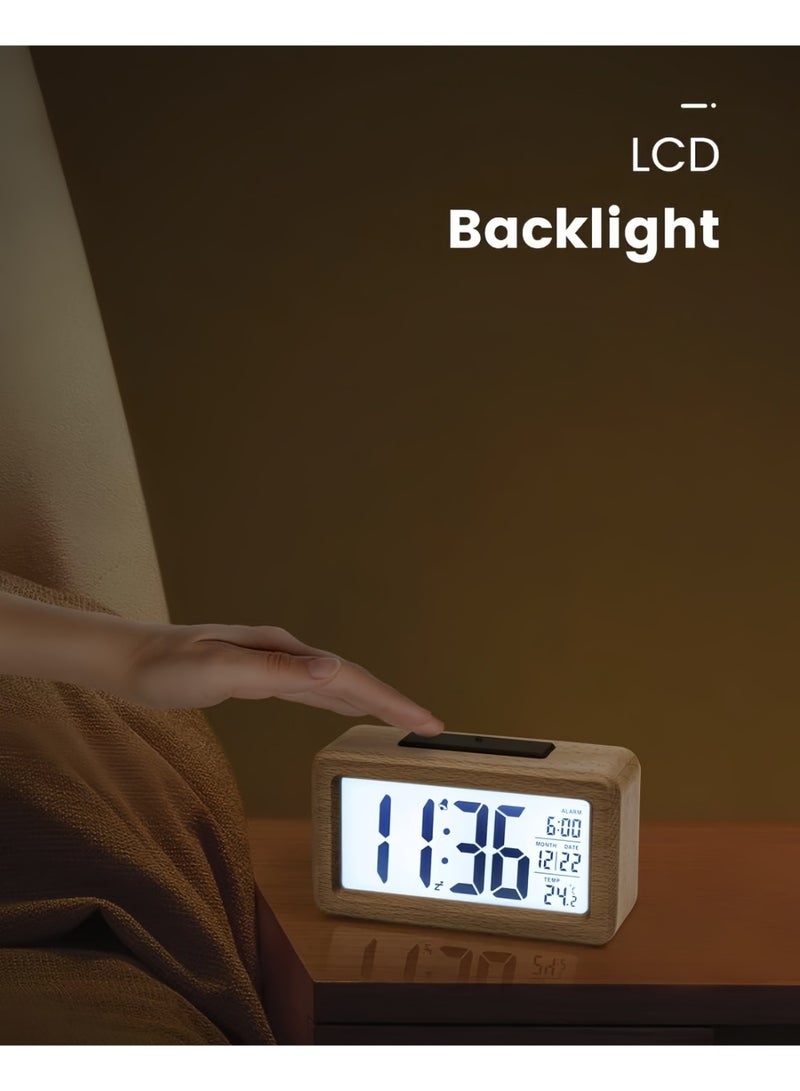 Digital Alarm Clock, Wooden Bedside Clock with Large LCD Backlit Display, Temperature Display, Snooze Function & Brightness Sensor – 3 AAA Battery Operated (Batteries NOT Included) - Image 5