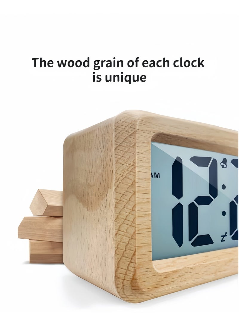 Digital Alarm Clock, Wooden Bedside Clock with Large LCD Backlit Display, Temperature Display, Snooze Function & Brightness Sensor – 3 AAA Battery Operated (Batteries NOT Included) - Image 3