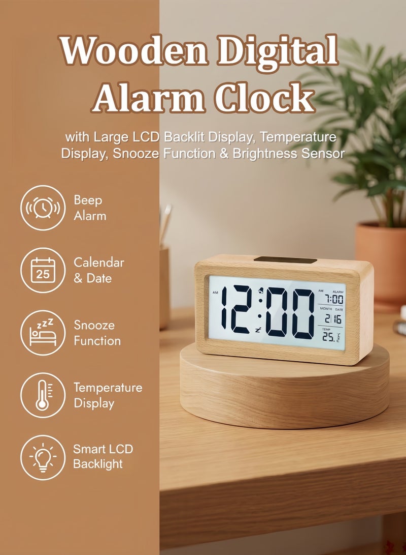 Digital Alarm Clock, Wooden Bedside Clock with Large LCD Backlit Display, Temperature Display, Snooze Function & Brightness Sensor – 3 AAA Battery Operated (Batteries NOT Included) - Image 1