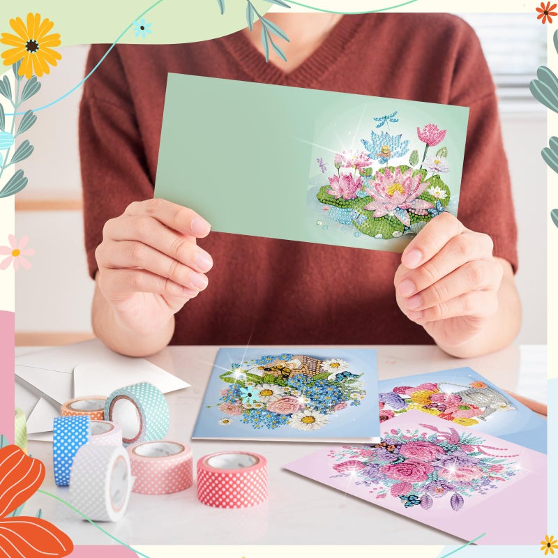 Saillong 12 Pack Flower Diamond Painting Greeting Card Kits DIY Pastel Flower Diamond Art Cards with Envelopes Floral 5d Rhinestones Paint Card for Adults DIY Craft Family Friend Birthday Xmas Gifts - Image 3