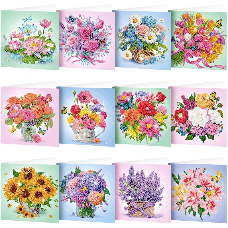 Saillong 12 Pack Flower Diamond Painting Greeting Card Kits DIY Pastel Flower Diamond Art Cards with Envelopes Floral 5d Rhinestones Paint Card for Adults DIY Craft Family Friend Birthday Xmas Gifts - Image 1