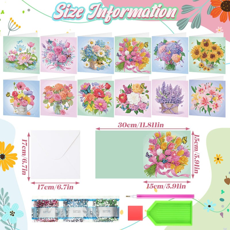 Saillong 12 Pack Flower Diamond Painting Greeting Card Kits DIY Pastel Flower Diamond Art Cards with Envelopes Floral 5d Rhinestones Paint Card for Adults DIY Craft Family Friend Birthday Xmas Gifts - Image 4