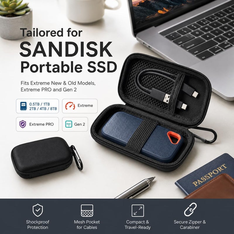 PAIYULE SSD Case for SanDisk Extreme Portable SSD & Extreme PRO, Hard Shell Protective Storage Bag with Carabiner, Fits 1TB 2TB 4TB 8TB External Solid State Drive for Business Travel (Fullblack) - Image 3