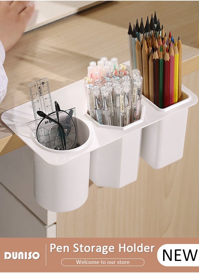 DUNISO Multifunction Storage Box, Home Pen Storage Holder, Plastic Pen Holder, Deskside Stationery Holder, Stickable Table Edge Makeup Storage Box, Tool Storage Box for Saving Place, Under Table Three Compartment Storage Rack for Dorm Living Room  - Image 1