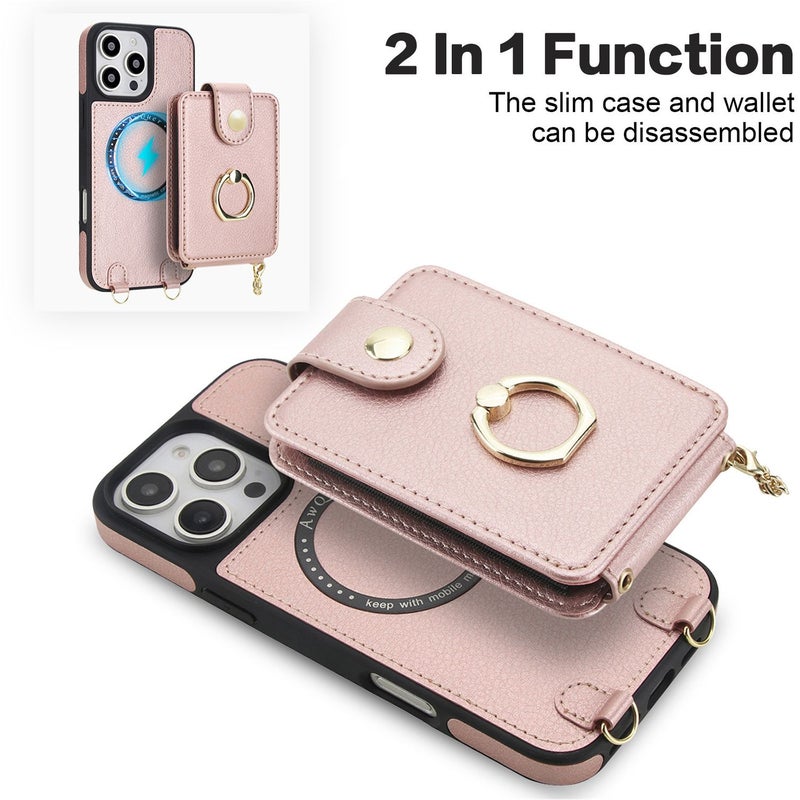 PU Synthetic Leather 2 In 1 Crossbody Phone Case For iPhone 13 With Wireless Charging Card Slot Stand Wallet - Image 3
