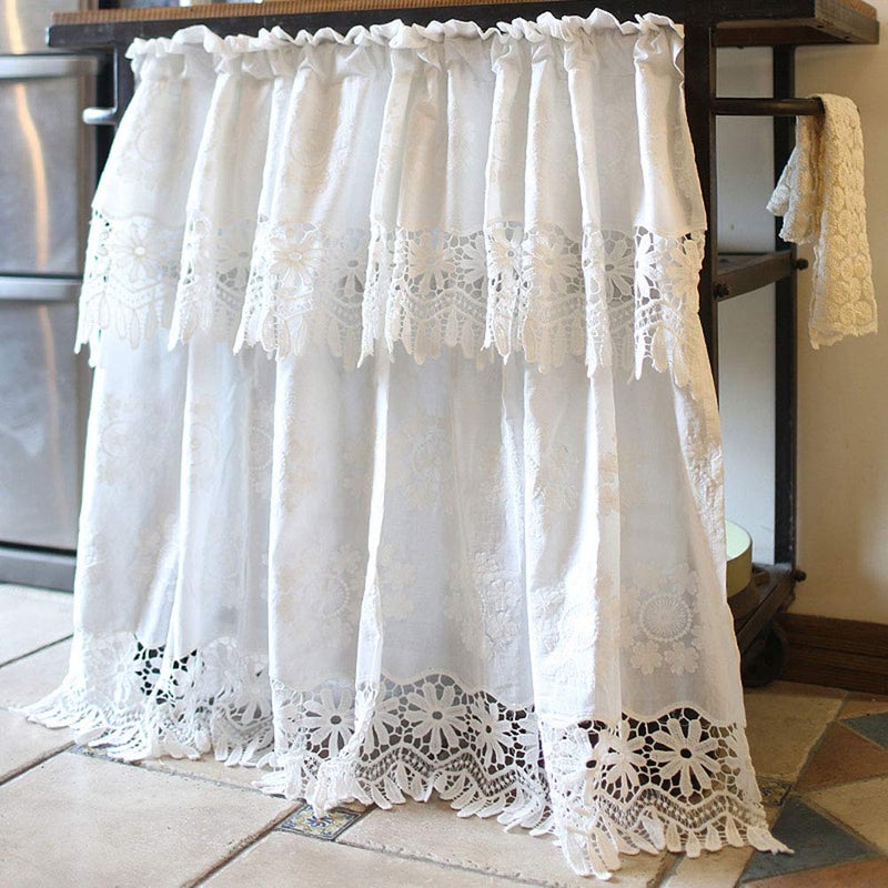 vctops Bohemian Floral Embroidered Cotton Cafe Tier Curtain with Attached Valance Country Style Lace Half Window Curtain Kitchen Curtains 59x49White