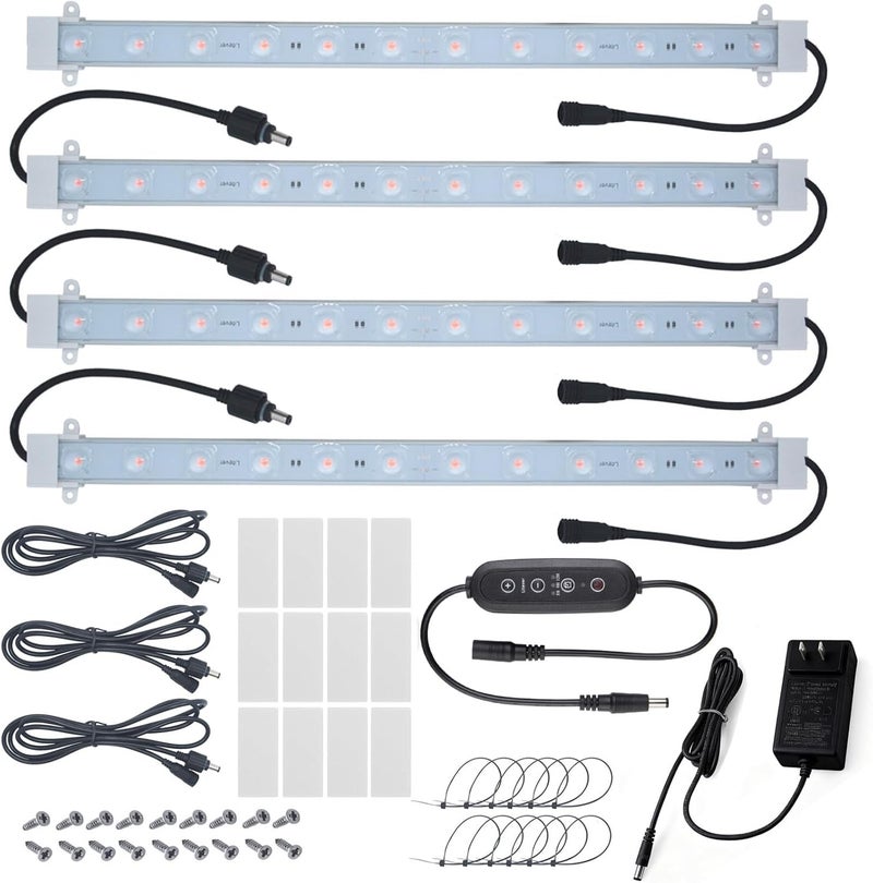 Litever طقم شريط إضاءة للنباتات 36 واط مع مؤقت، 4 قطع شريط LED بطول 16 بوصة مع كابلات تمديد، ملحقات تركيب للبيت الزجاجي، رف النمو. مثالي للنمو الداخلي - (طقم 4 شرائط) - Image 1