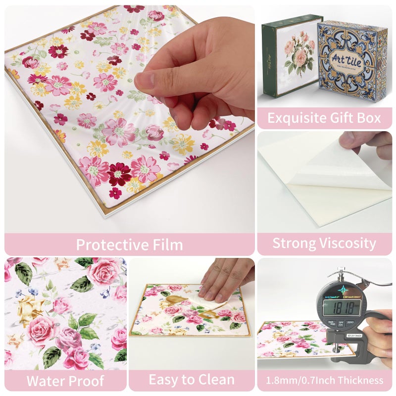 VICCI Peel and Stick Backsplash Pink Tile Stickers - 12Pcs 5.9x5.9 Inch Removable Wall Tiles for Cabinet, Furniture & Home Decor - Image 3