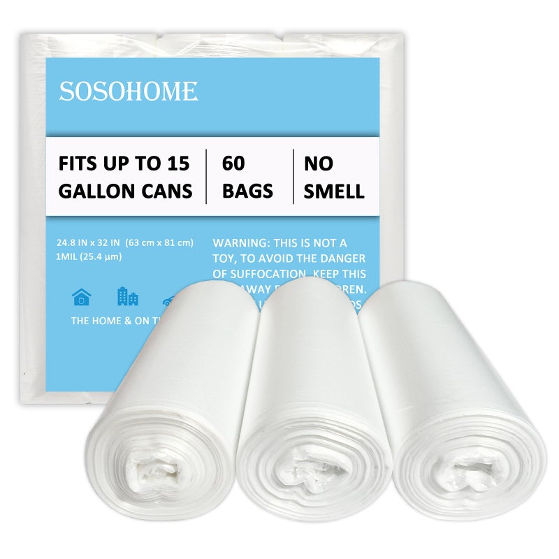 SOSOHOME 15 Gallon Trash Bags - 1 MIL Ultra Strong Tall Kitchen Garbage Bags, Unscented Trash Can Liners for Office, 60 Count - Image 1