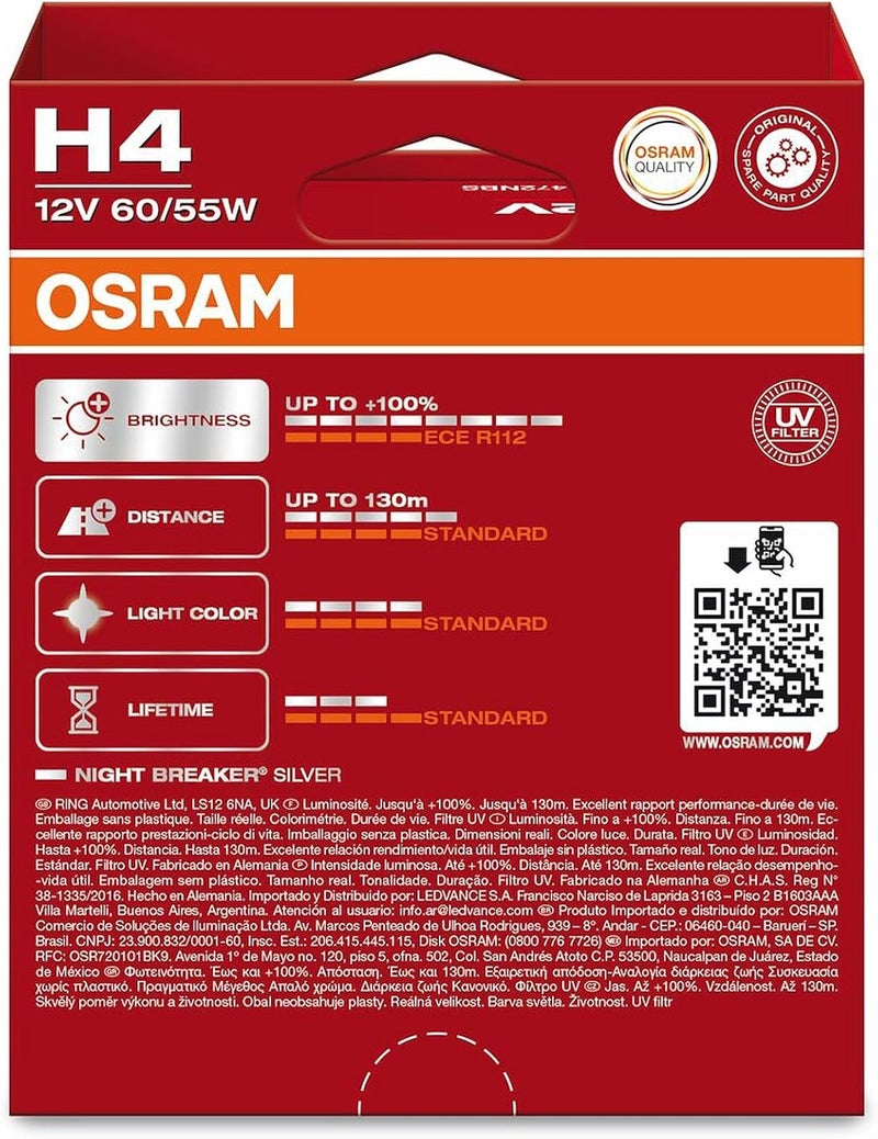 أوسرام نايت بريكر سيلفر H4 100% أكثر سطوعًا لمبة هالوجين أمامية 64193NBS-2HB سيارة 12 فولت علبة معلقة (2 لمبات) - Image 3
