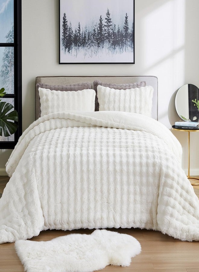 Bedbay Plush Comforter Set Queen Size Faux Fur White Bedding Comforter Set 3 Pieces Luxury Faux Rabbit Fur Bubble Bedding Soft Warm Shaggy Velvet Reversible Duvet Set for Girls Teen Adults - Image 4