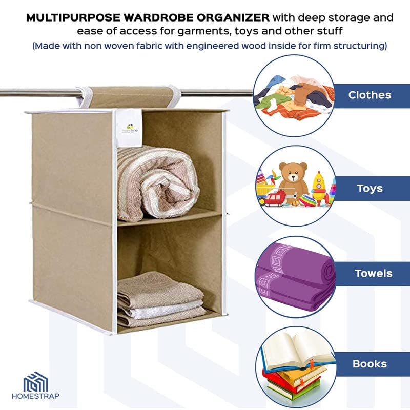 Homestrap Non Woven 2 Shelf/Compartment Closet Cloth Hanging Organizer/Clothes Storage Wardrobe Organiser For Almirah - (Beige)|(Pack Of 1) - Non Woven Fabric - Image 4