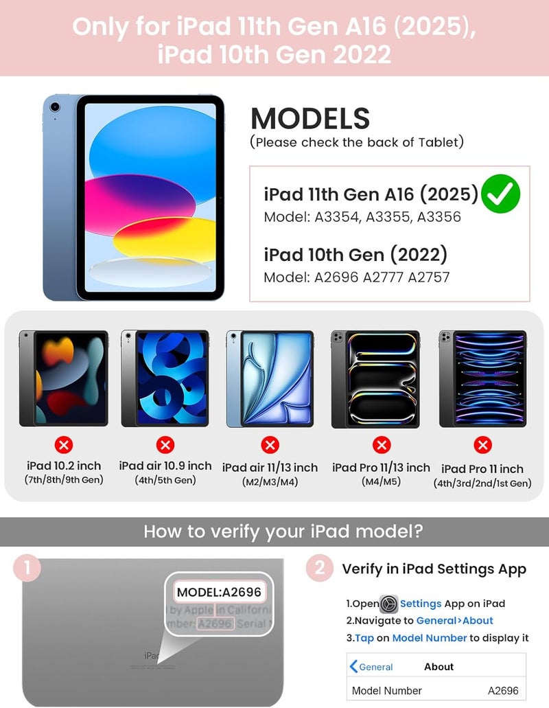 typecase غلاف تايبكيس تاتش لأيباد الجيل العاشر مع لوحة مفاتيح (10.9 بوصة، 2022) وأيباد A16 (الجيل الحادي عشر، 2025) – قابل للدوران 360 درجة، إضاءة خلفية بـ 11 لونًا، لوحة لمس متعددة اللمس، رفيع وخفيف (وردي فاتح) - Image 2