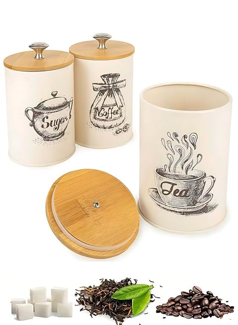 3 Pieces Canister Sets for Kitchen Storage, Metal Vintage Kitchen Containers & Storage with Bamboo Lid, Coffee Sugar Tea Metal Canister Jars, Food Storage Canister, Kitchen Decor, Beige