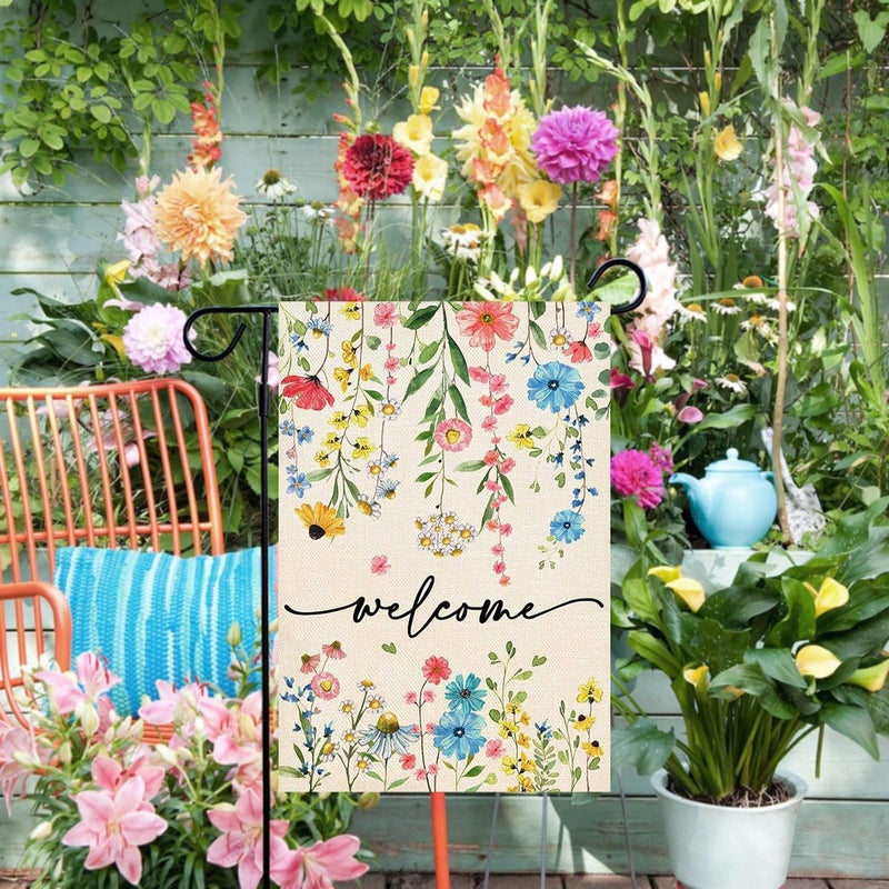 Baccessor Spring Welcome Floral Garden Flag 12.5x18 Inch Double Sided Summer Flower Yard Flag Outside Outdoor Seasonal Burlap Funny Flowers Flags Home Patio Decoration - Image 3