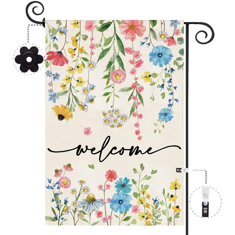 Baccessor Spring Welcome Floral Garden Flag 12.5x18 Inch Double Sided Summer Flower Yard Flag Outside Outdoor Seasonal Burlap Funny Flowers Flags Home Patio Decoration - Image 1