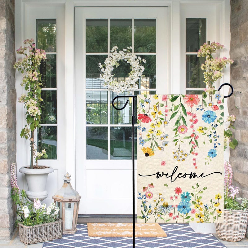 Baccessor Spring Welcome Floral Garden Flag 12.5x18 Inch Double Sided Summer Flower Yard Flag Outside Outdoor Seasonal Burlap Funny Flowers Flags Home Patio Decoration - Image 2