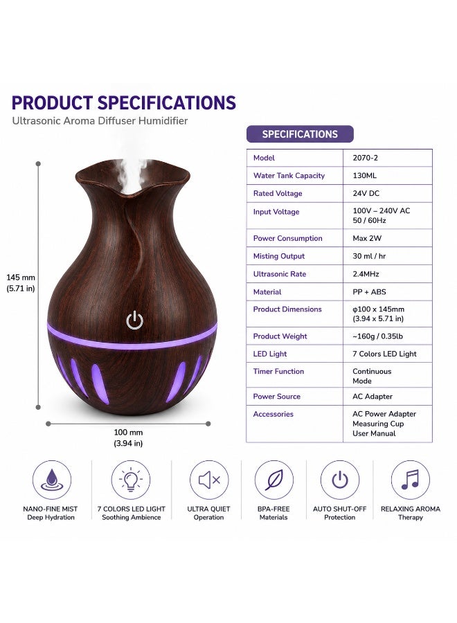 Ultrasonic Aroma Diffuser Humidifier 130Ml Dark Wood Finish, 7 Colors Led Light, Quiet Air Humidifier For Home, Office & Bedroom - Image 3