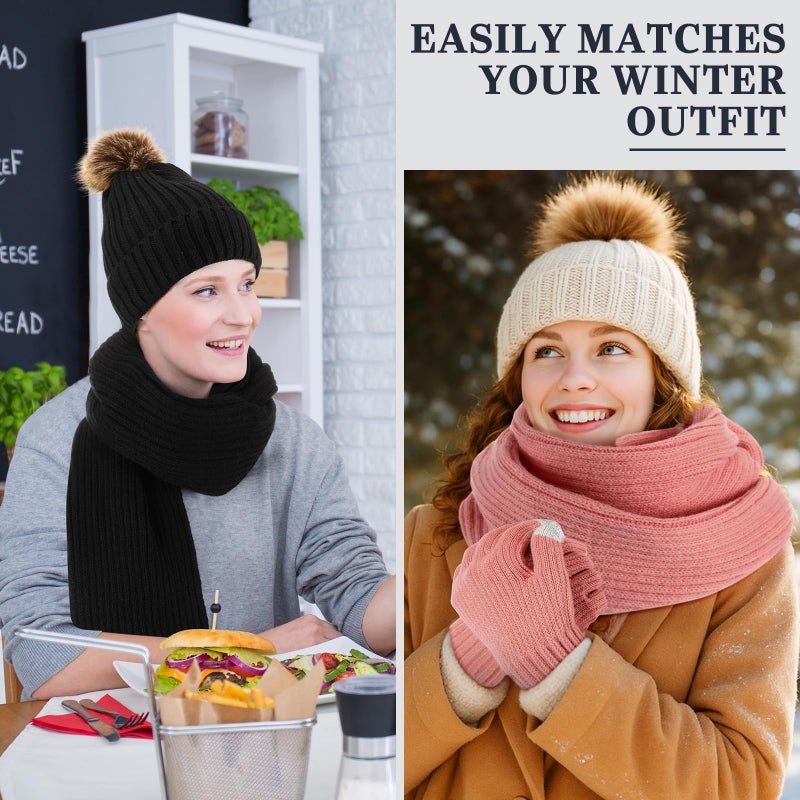 Velmitten 16 Pcs Women Hat Scarf Gloves Ear Muffs Set Winter Knitted Pom Beanie Hats Scarf Touch Screen Gloves for Men Adult Homeless(Black, Beige, Pink, Gray,Pompom and Stain) - Image 4