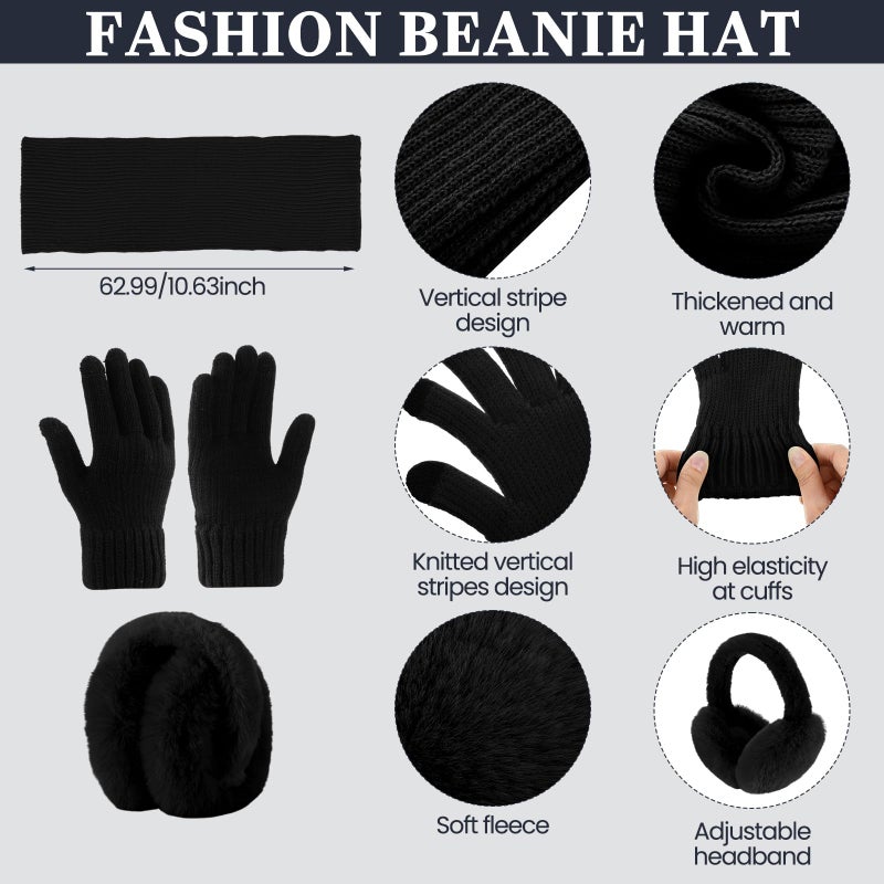 Velmitten 16 Pcs Women Hat Scarf Gloves Ear Muffs Set Winter Knitted Pom Beanie Hats Scarf Touch Screen Gloves for Men Adult Homeless(Black, Beige, Pink, Gray,Pompom and Stain) - Image 3