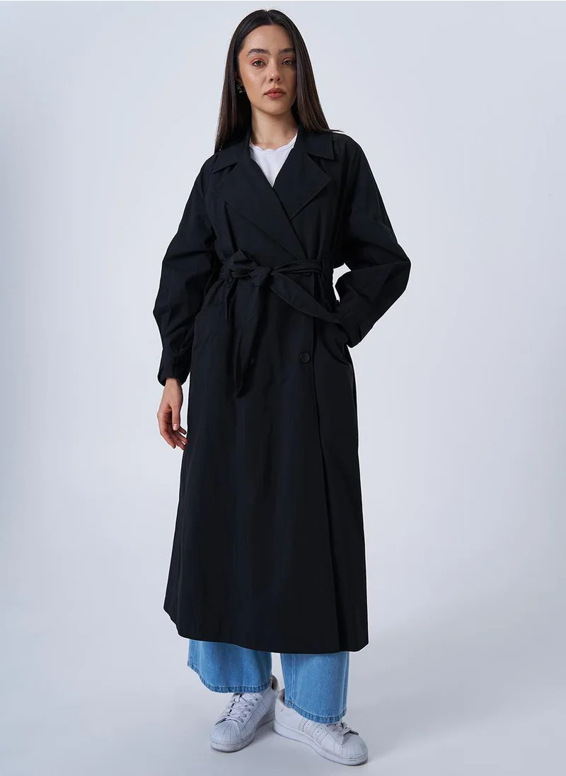 Kayra Long Trench Coat with Epaulets at the Ankles Black