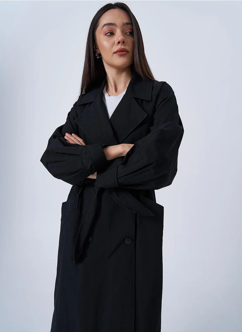 Kayra Long Trench Coat with Epaulets at the Ankles Black