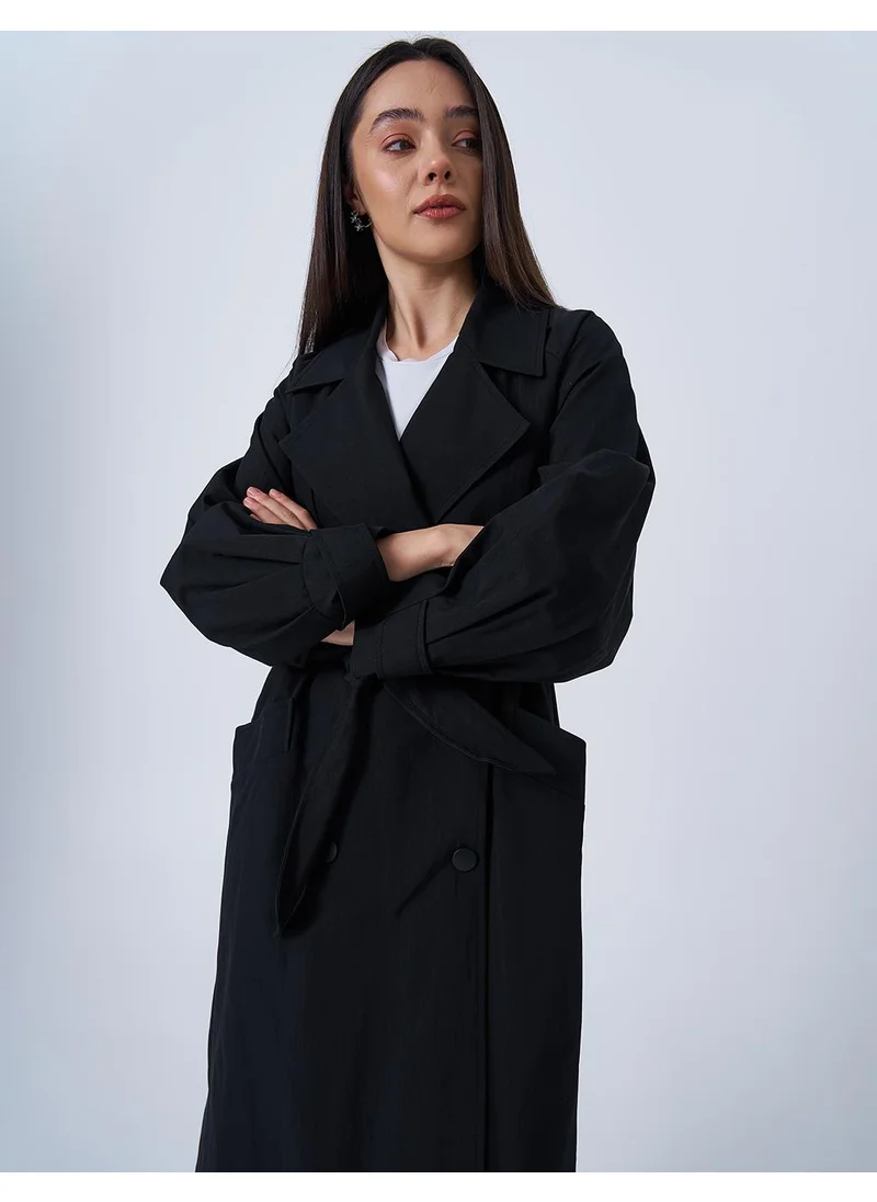 Kayra Long Trench Coat with Epaulets at the Ankles Black