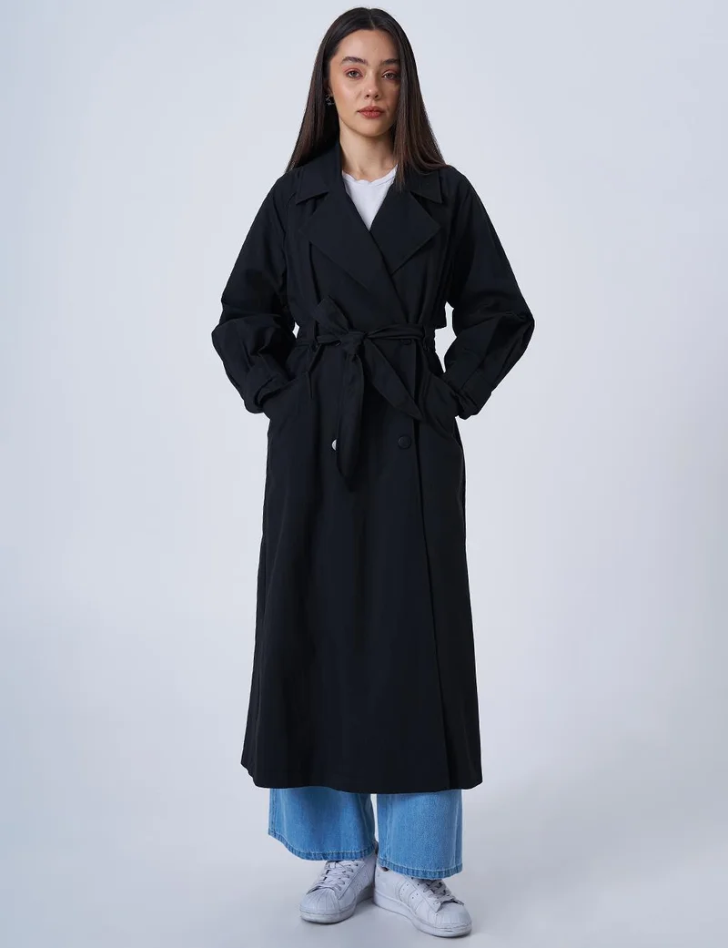 Kayra Long Trench Coat with Epaulets at the Ankles Black