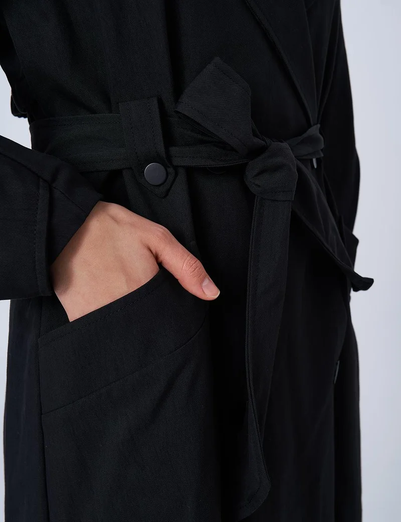 Kayra Long Trench Coat with Epaulets at the Ankles Black