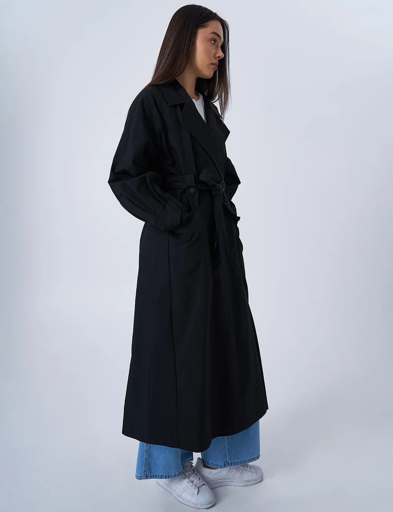 Kayra Long Trench Coat with Epaulets at the Ankles Black