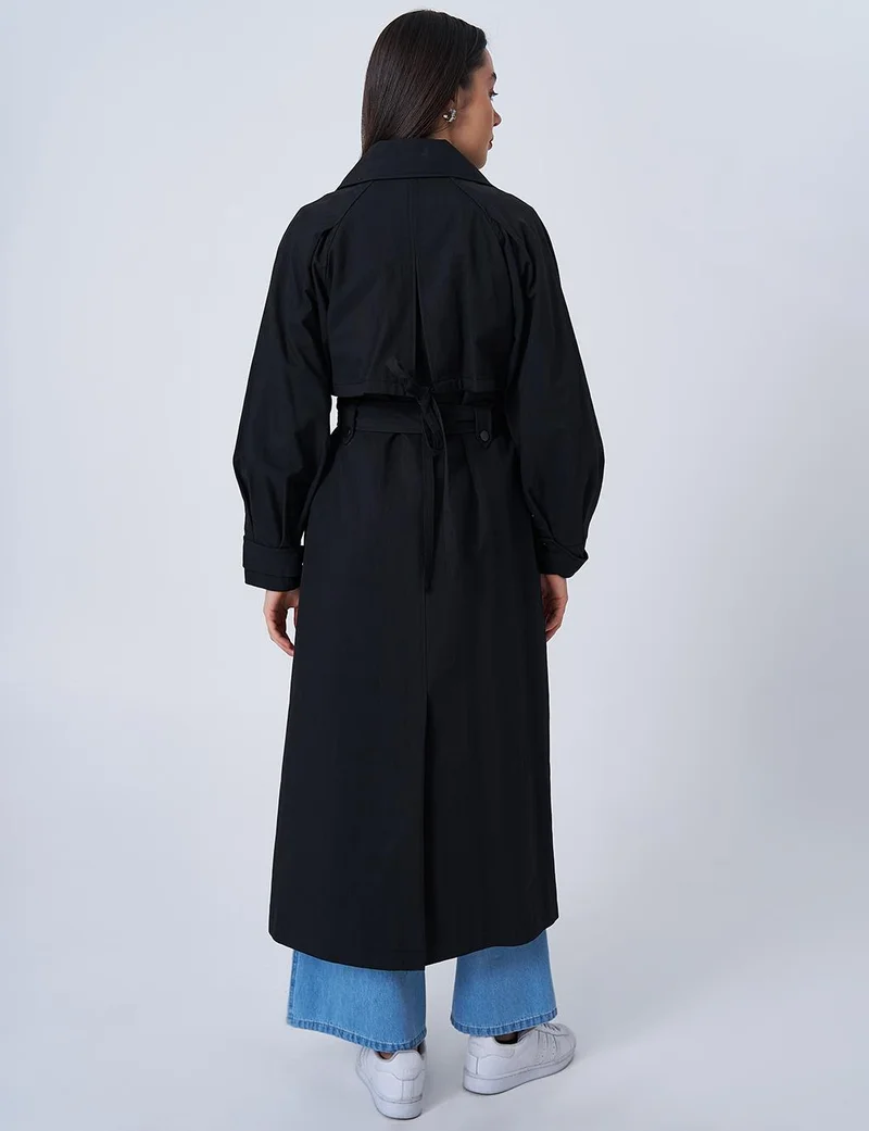 Kayra Long Trench Coat with Epaulets at the Ankles Black