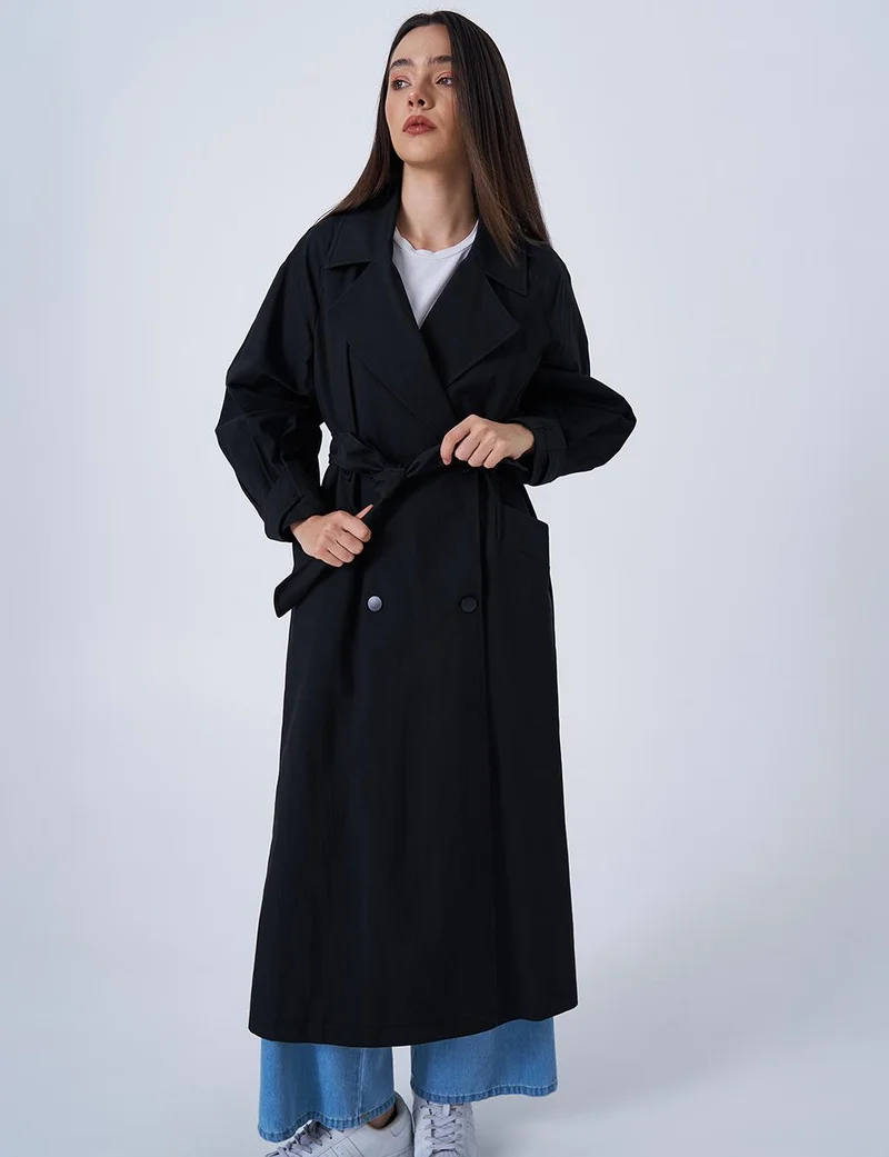 Kayra Long Trench Coat with Epaulets at the Ankles Black