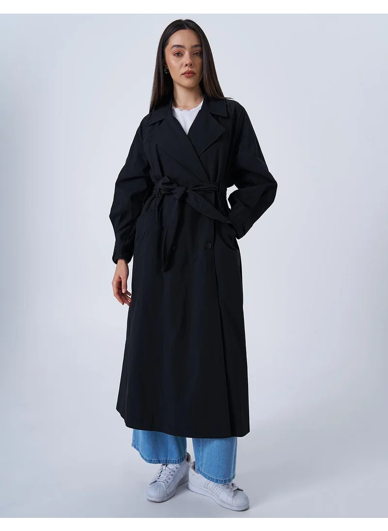 Kayra Long Trench Coat with Epaulets at the Ankles Black