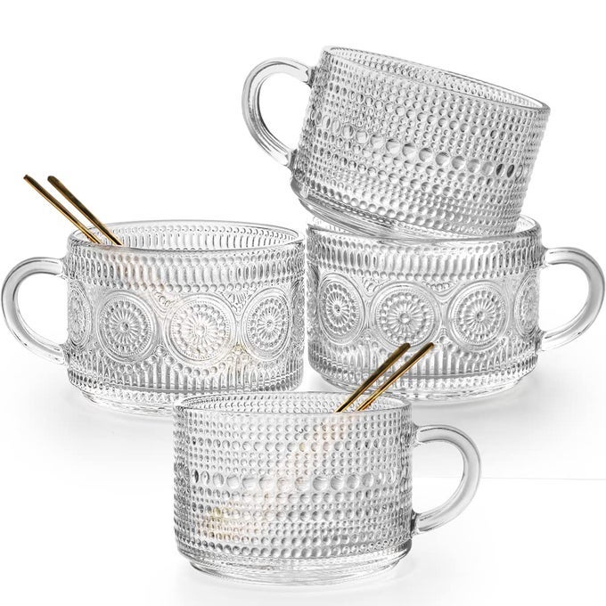 VINTAGE GLASS COFFEE MUGS SET OF 414 OZ EMBOSSED GLASS COFFEE CUPS COFFEE MUGS FOR CEREAL YOGURT LATTE CLEAR BREAKFAST CUPS WITH HANDLE FOR HOUSEWARMING GIFTS 2FLOWER2BEADS