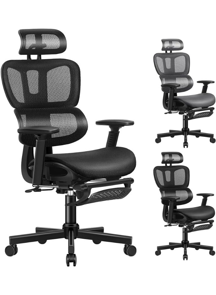 Comfortable mesh office chair with 3D armrests, executive computer chair for studying with adjustable headrest and footrest, reclining gaming chair with adaptive lumbar support. - Image 1