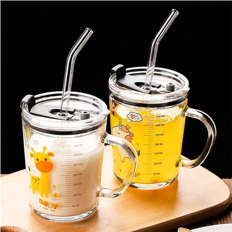 300ml Glass Mug with Silicone Straw & Lid – Measuring Scale Drinking Cup for Kids & Adults, Perfect for Milk, Juice, Coffee, with Fun Cartoon Prints.  - Image 2