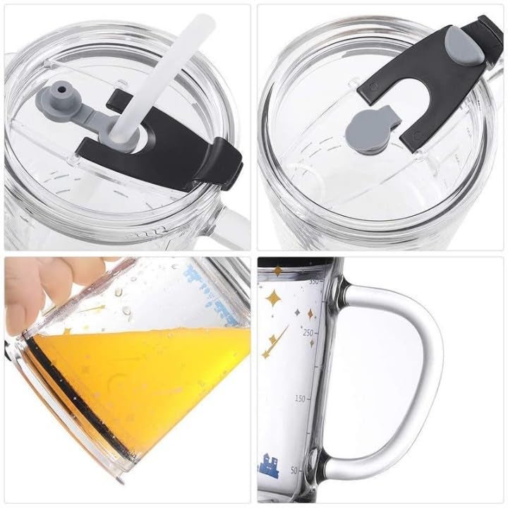 300ml Glass Mug with Silicone Straw & Lid – Measuring Scale Drinking Cup for Kids & Adults, Perfect for Milk, Juice, Coffee, with Fun Cartoon Prints.  - Image 4