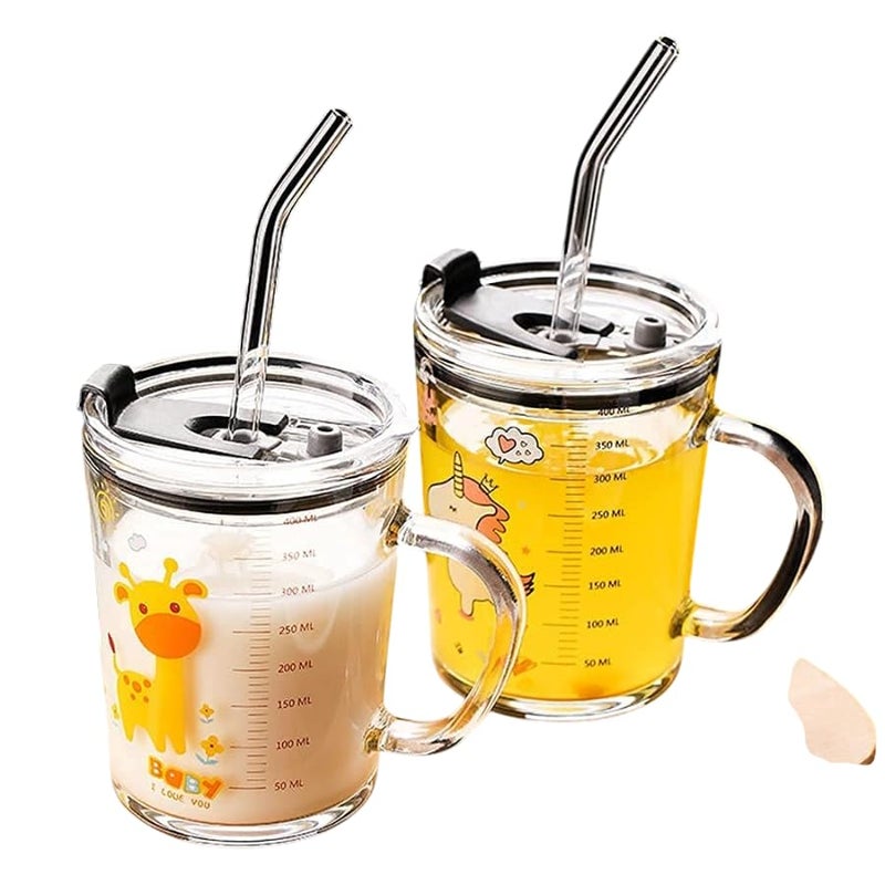 300ml Glass Mug with Silicone Straw & Lid – Measuring Scale Drinking Cup for Kids & Adults, Perfect for Milk, Juice, Coffee, with Fun Cartoon Prints.  - Image 1