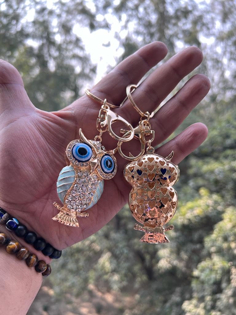 BLUE BEADS Gold with Evil Eye Crystal Rhinestone Sparkling Owl Keychain For Bike/Car Gifting Key Ring For Men Women and Handbag Charm (White) - Image 4
