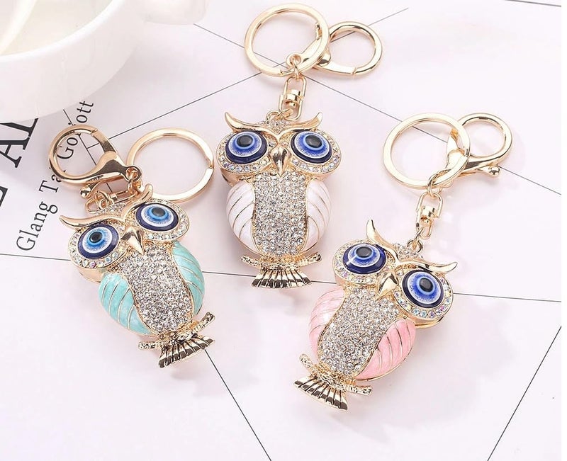 BLUE BEADS Gold with Evil Eye Crystal Rhinestone Sparkling Owl Keychain For Bike/Car Gifting Key Ring For Men Women and Handbag Charm (White) - Image 3