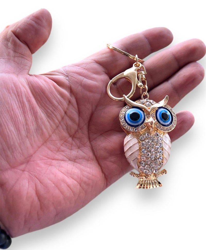 BLUE BEADS Gold with Evil Eye Crystal Rhinestone Sparkling Owl Keychain For Bike/Car Gifting Key Ring For Men Women and Handbag Charm (White) - Image 1