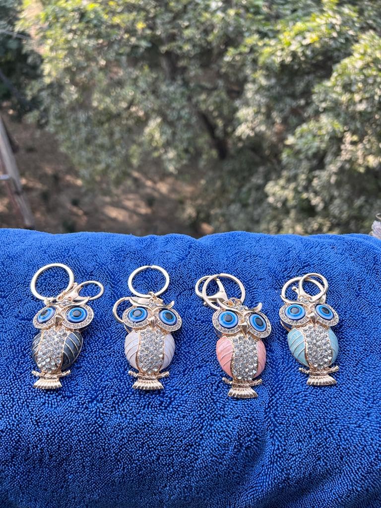 BLUE BEADS Gold with Evil Eye Crystal Rhinestone Sparkling Owl Keychain For Bike/Car Gifting Key Ring For Men Women and Handbag Charm (White) - Image 5