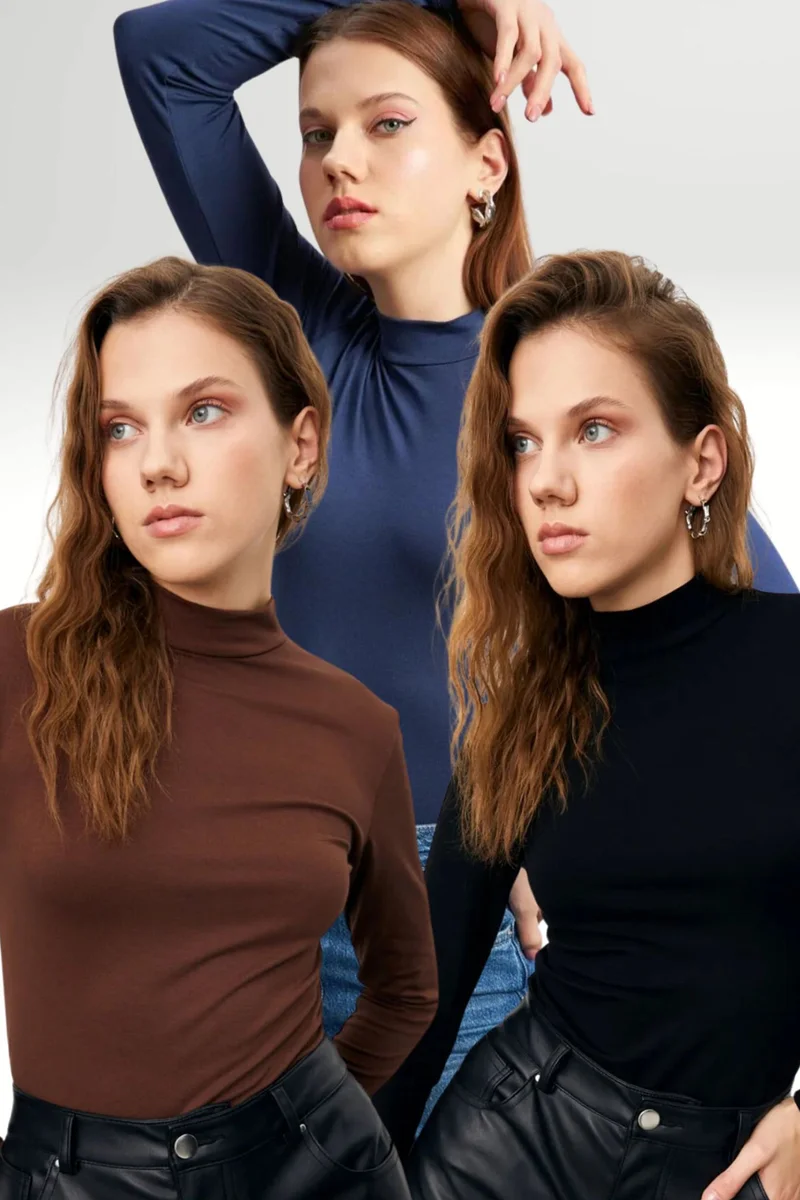 بيبانتولون BIPANTOLON Women's 3-Pack Slim Fit Turtleneck Bodysuits